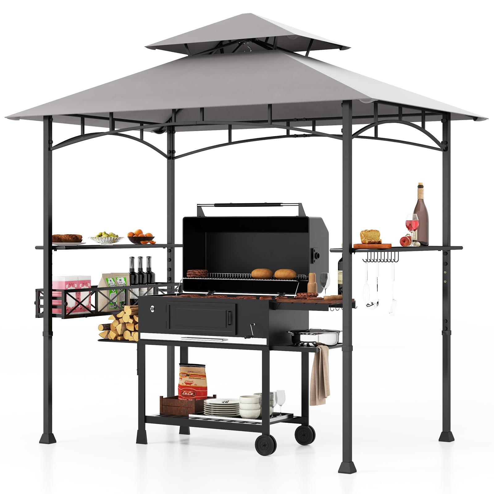 Tangkula 8x5 Ft Grill Gazebo, 2-Tier Barbecue Gazebo with 2 Shelves, 10 Hanging Hooks, Bottle Opener & Storage Basket